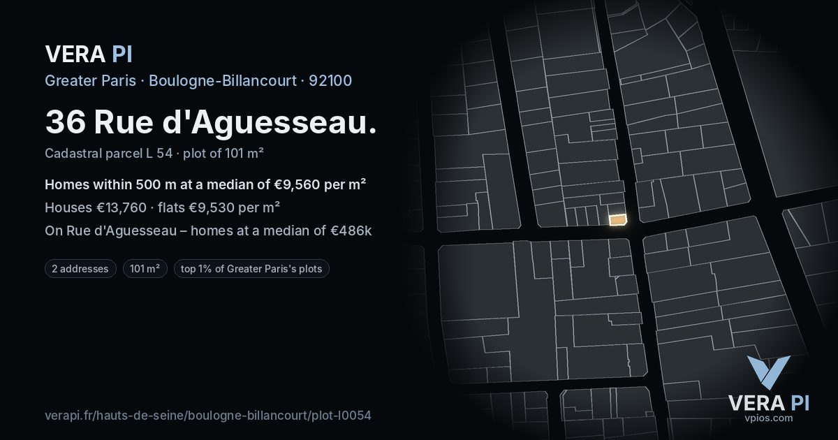 36 Rue d'Aguesseau, Boulogne-Billancourt at night – the plot lit, the parcels around coloured by the prices near them