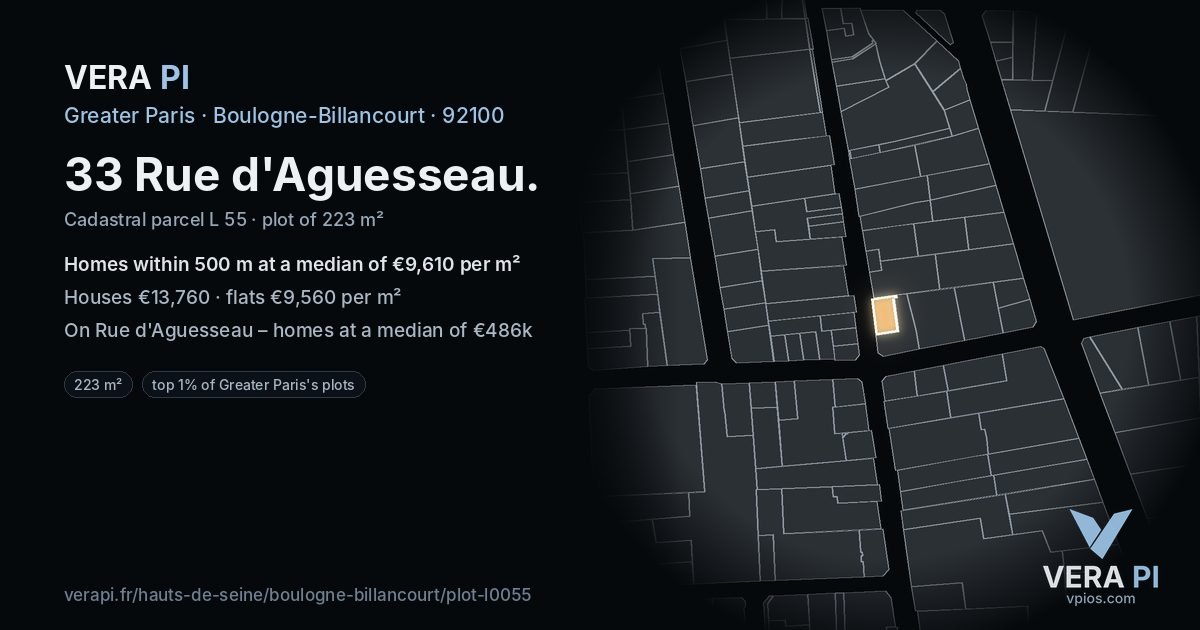 33 Rue d'Aguesseau, Boulogne-Billancourt at night – the plot lit, the parcels around coloured by the prices near them
