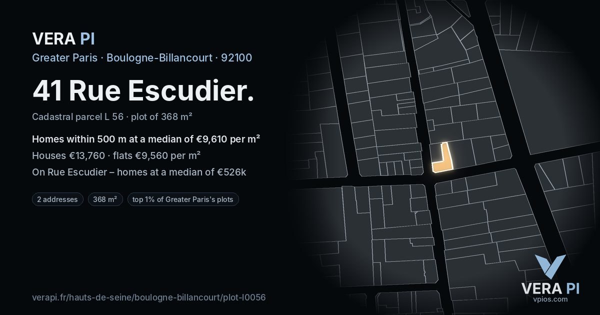 41 Rue Escudier, Boulogne-Billancourt at night – the plot lit, the parcels around coloured by the prices near them