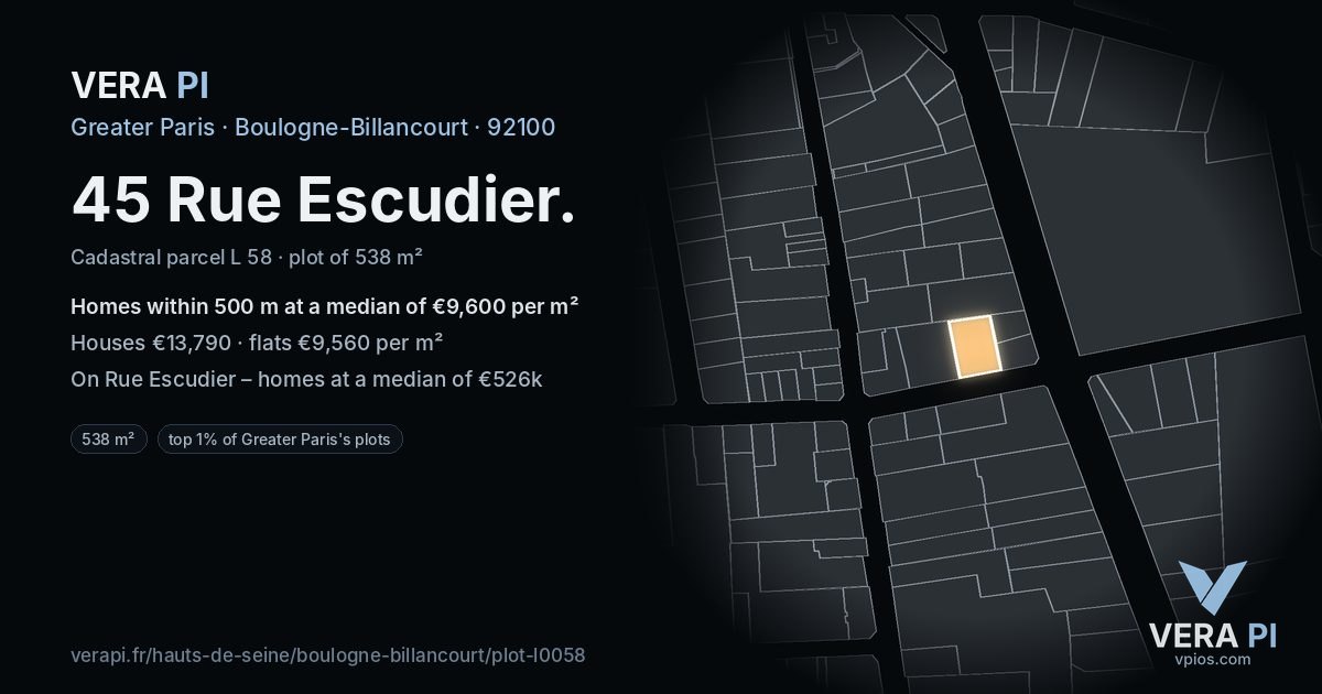 45 Rue Escudier, Boulogne-Billancourt at night – the plot lit, the parcels around coloured by the prices near them