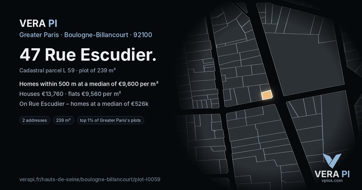 47 Rue Escudier, Boulogne-Billancourt at night – the plot lit, the parcels around coloured by the prices near them