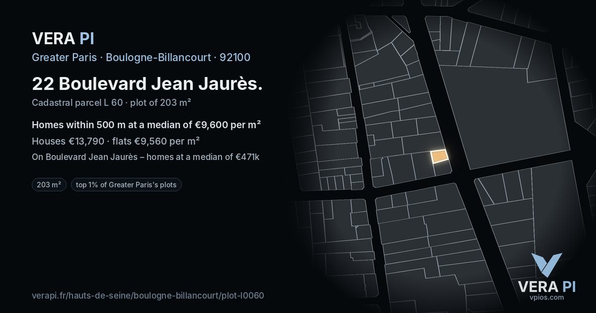 22 Boulevard Jean Jaurès, Boulogne-Billancourt at night – the plot lit, the parcels around coloured by the prices near them