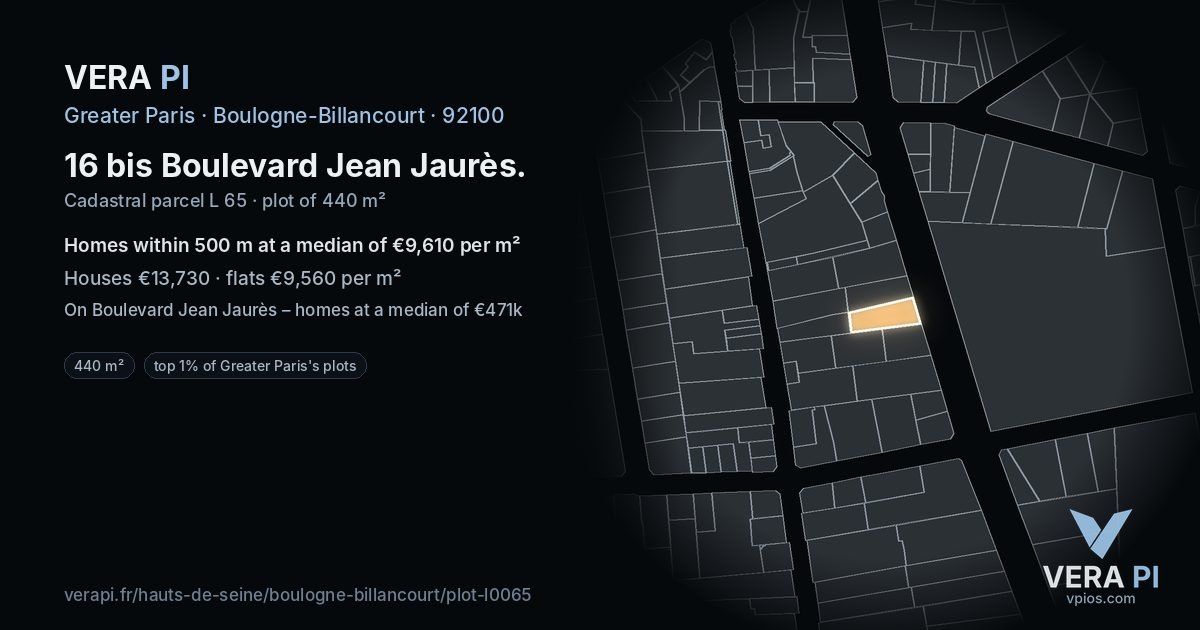 16 bis Boulevard Jean Jaurès, Boulogne-Billancourt at night – the plot lit, the parcels around coloured by the prices near them