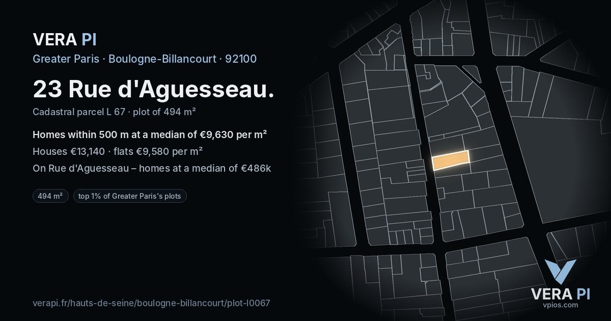 23 Rue d'Aguesseau, Boulogne-Billancourt at night – the plot lit, the parcels around coloured by the prices near them