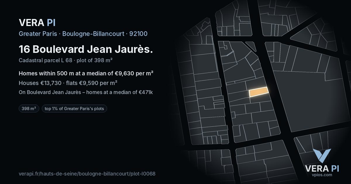 16 Boulevard Jean Jaurès, Boulogne-Billancourt at night – the plot lit, the parcels around coloured by the prices near them