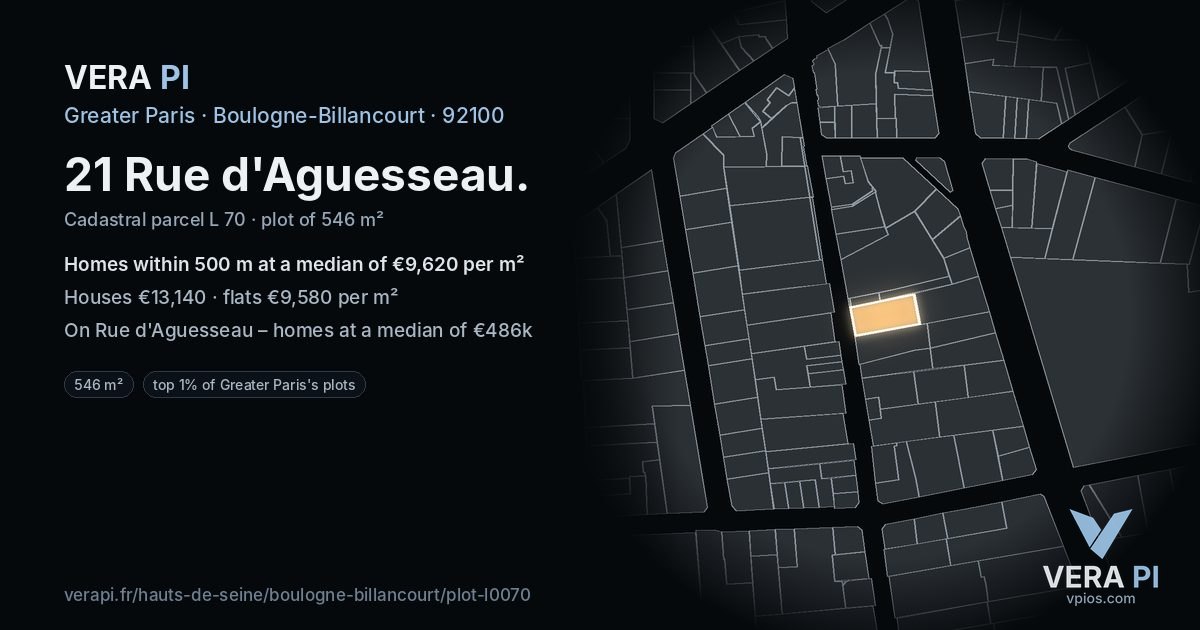 21 Rue d'Aguesseau, Boulogne-Billancourt at night – the plot lit, the parcels around coloured by the prices near them