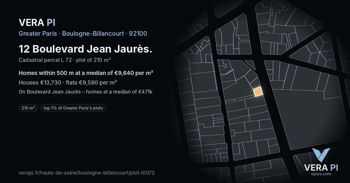 12 Boulevard Jean Jaurès, Boulogne-Billancourt at night – the plot lit, the parcels around coloured by the prices near them