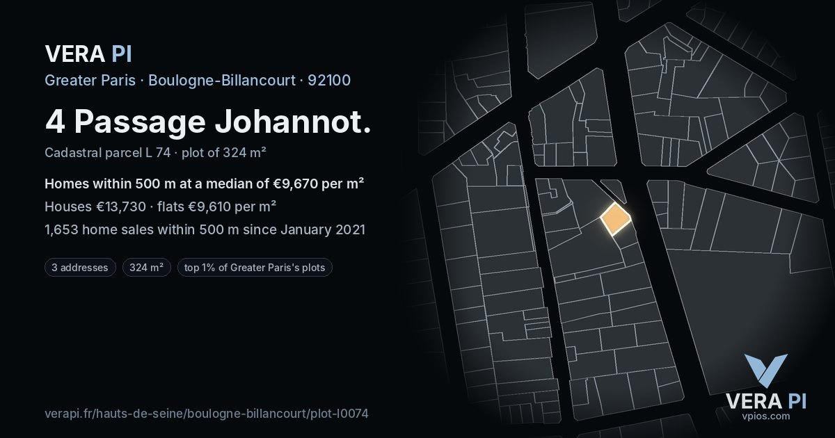 4 Passage Johannot, Boulogne-Billancourt at night – the plot lit, the parcels around coloured by the prices near them