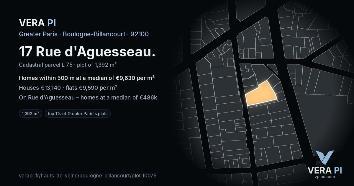 17 Rue d'Aguesseau, Boulogne-Billancourt at night – the plot lit, the parcels around coloured by the prices near them