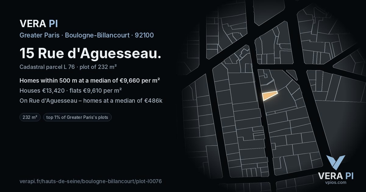 15 Rue d'Aguesseau, Boulogne-Billancourt at night – the plot lit, the parcels around coloured by the prices near them
