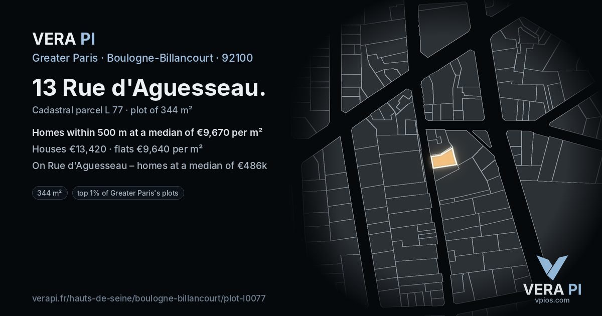 13 Rue d'Aguesseau, Boulogne-Billancourt at night – the plot lit, the parcels around coloured by the prices near them