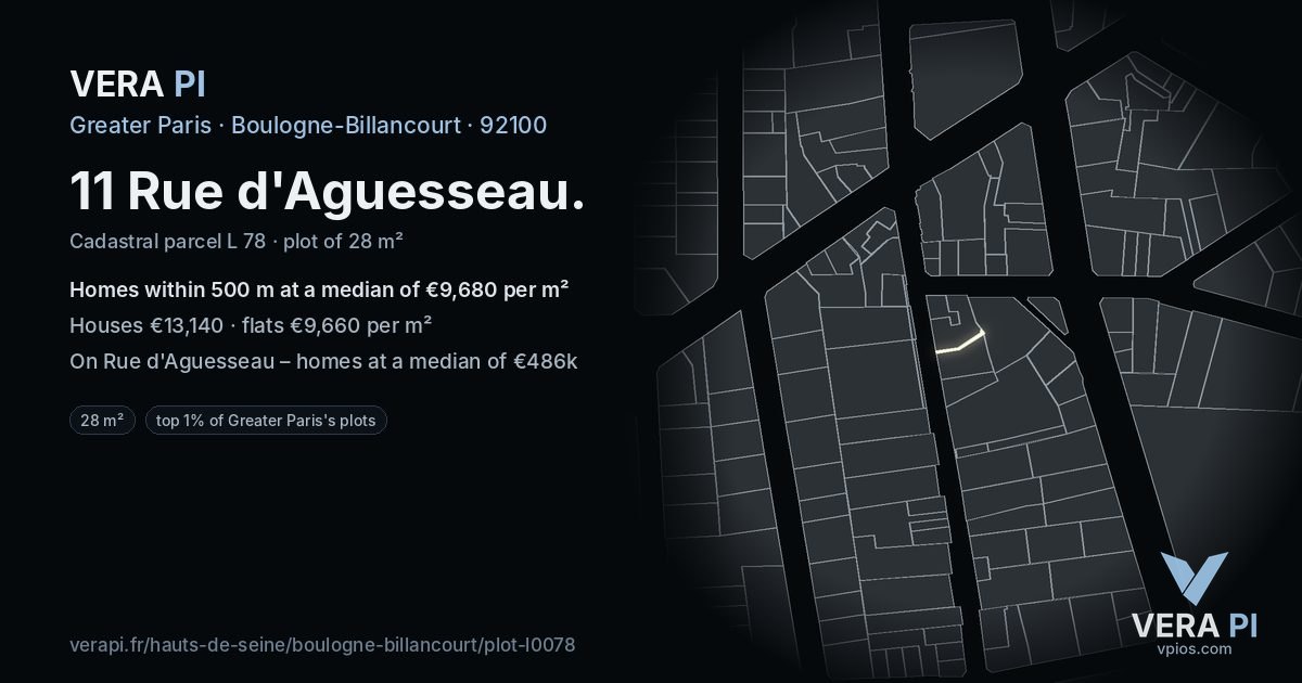 11 Rue d'Aguesseau, Boulogne-Billancourt at night – the plot lit, the parcels around coloured by the prices near them