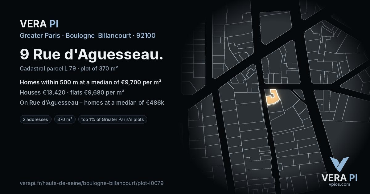 9 Rue d'Aguesseau, Boulogne-Billancourt at night – the plot lit, the parcels around coloured by the prices near them