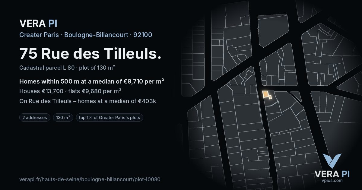 75 Rue des Tilleuls, Boulogne-Billancourt at night – the plot lit, the parcels around coloured by the prices near them
