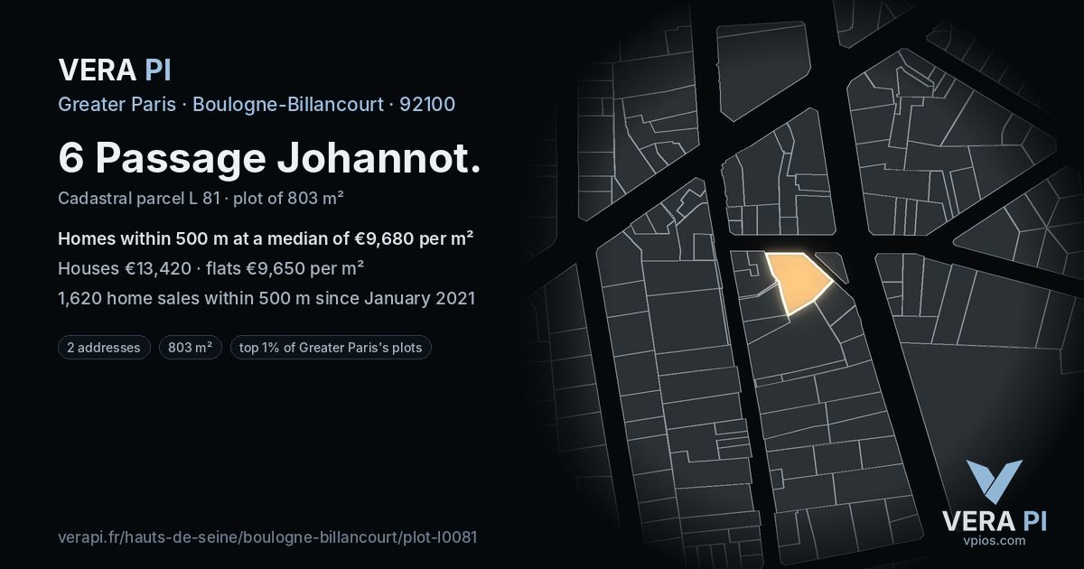 6 Passage Johannot, Boulogne-Billancourt at night – the plot lit, the parcels around coloured by the prices near them