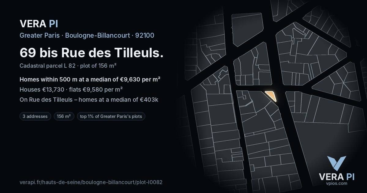 69 bis Rue des Tilleuls, Boulogne-Billancourt at night – the plot lit, the parcels around coloured by the prices near them