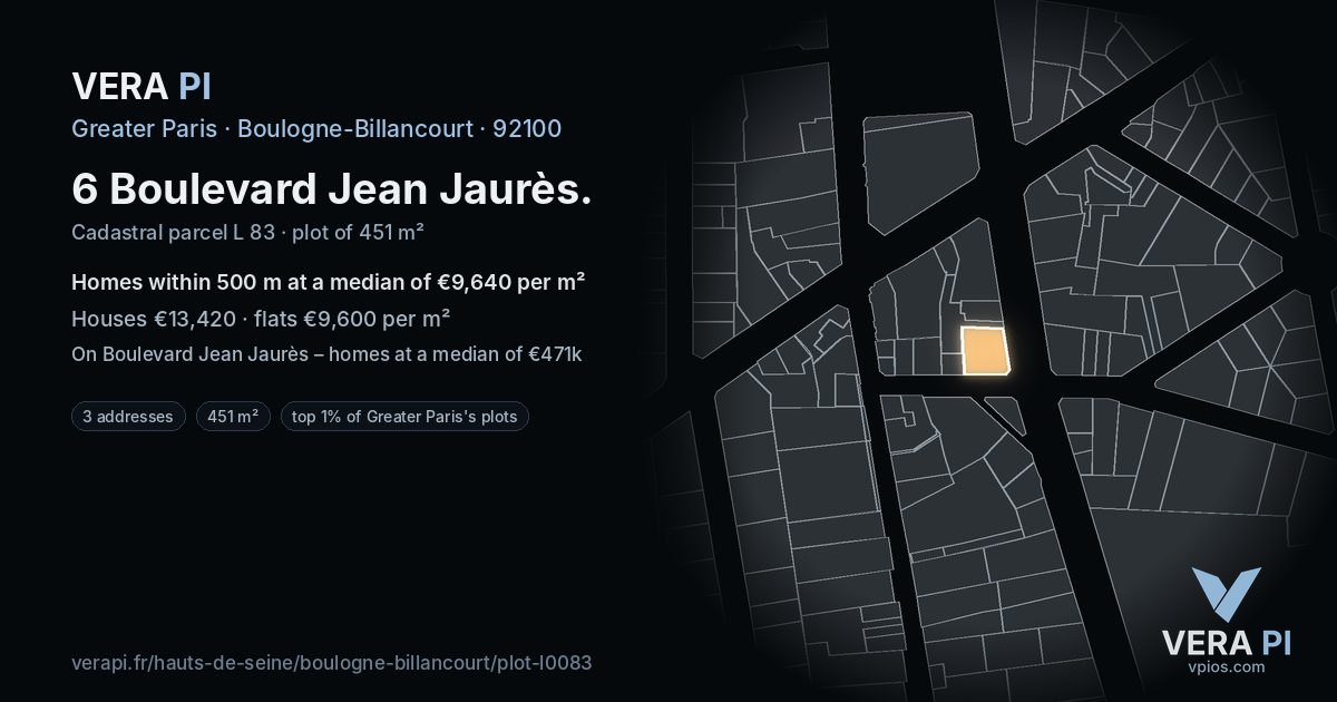 6 Boulevard Jean Jaurès, Boulogne-Billancourt at night – the plot lit, the parcels around coloured by the prices near them