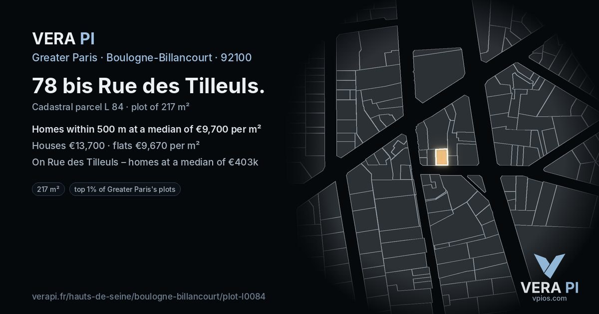 78 bis Rue des Tilleuls, Boulogne-Billancourt at night – the plot lit, the parcels around coloured by the prices near them