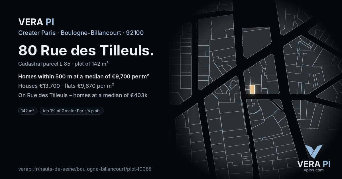 80 Rue des Tilleuls, Boulogne-Billancourt at night – the plot lit, the parcels around coloured by the prices near them