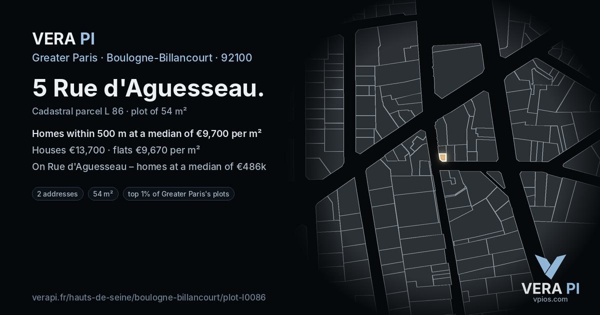 5 Rue d'Aguesseau, Boulogne-Billancourt at night – the plot lit, the parcels around coloured by the prices near them