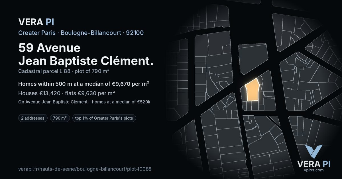 59 Avenue Jean Baptiste Clément, Boulogne-Billancourt at night – the plot lit, the parcels around coloured by the prices near them