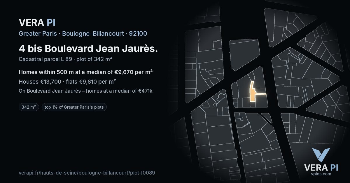4 bis Boulevard Jean Jaurès, Boulogne-Billancourt at night – the plot lit, the parcels around coloured by the prices near them