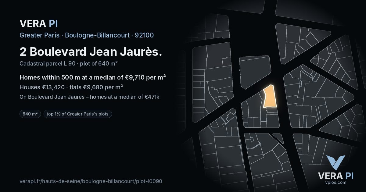 2 Boulevard Jean Jaurès, Boulogne-Billancourt at night – the plot lit, the parcels around coloured by the prices near them