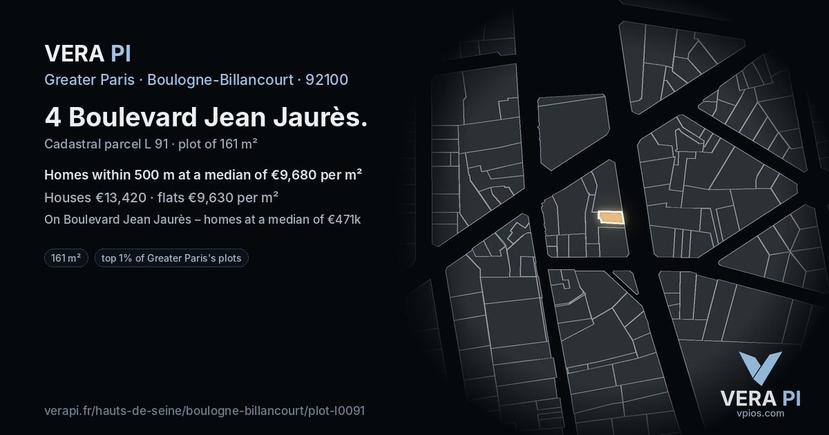 4 Boulevard Jean Jaurès, Boulogne-Billancourt at night – the plot lit, the parcels around coloured by the prices near them