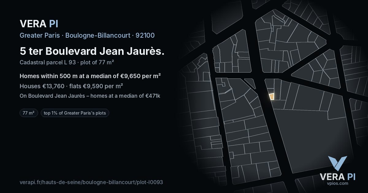 5 ter Boulevard Jean Jaurès, Boulogne-Billancourt at night – the plot lit, the parcels around coloured by the prices near them