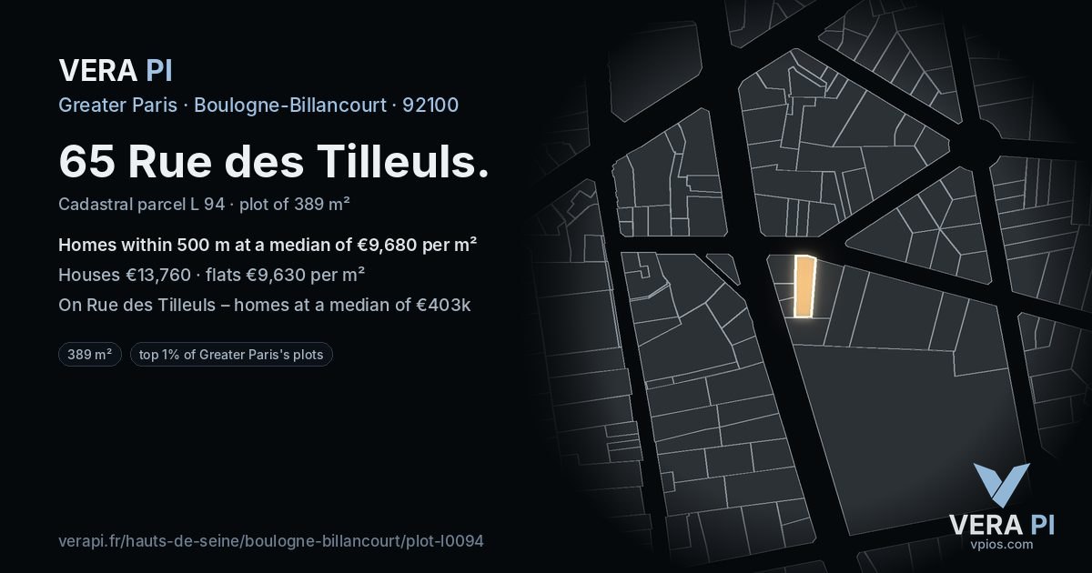 65 Rue des Tilleuls, Boulogne-Billancourt at night – the plot lit, the parcels around coloured by the prices near them