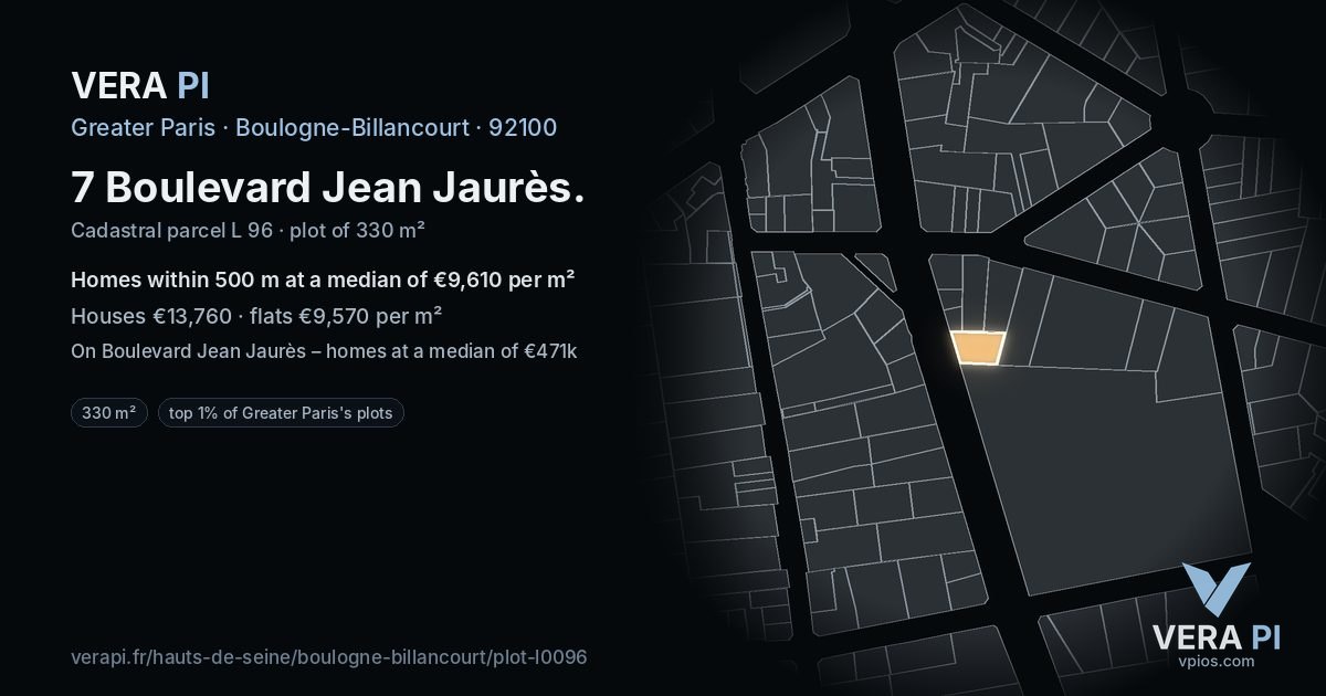 7 Boulevard Jean Jaurès, Boulogne-Billancourt at night – the plot lit, the parcels around coloured by the prices near them