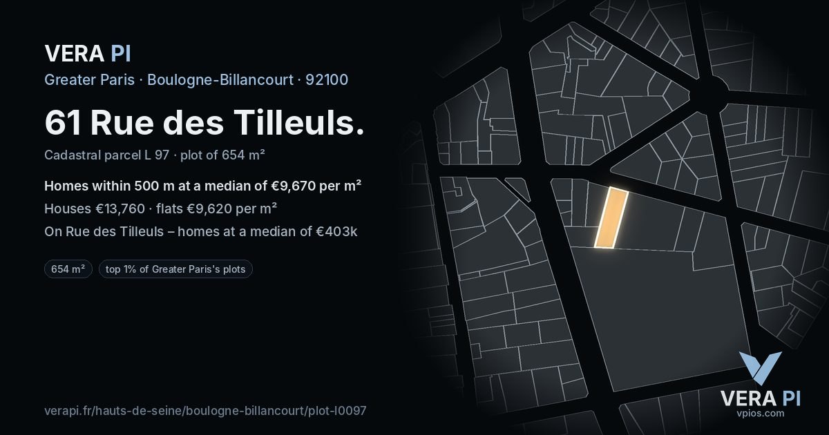 61 Rue des Tilleuls, Boulogne-Billancourt at night – the plot lit, the parcels around coloured by the prices near them