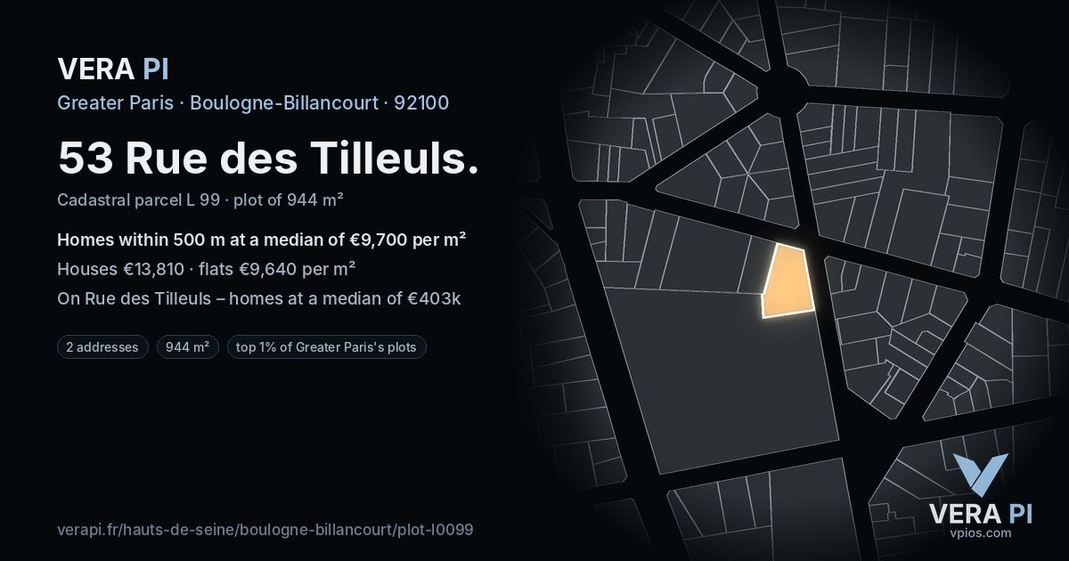 53 Rue des Tilleuls, Boulogne-Billancourt at night – the plot lit, the parcels around coloured by the prices near them