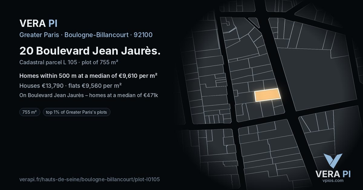 20 Boulevard Jean Jaurès, Boulogne-Billancourt at night – the plot lit, the parcels around coloured by the prices near them