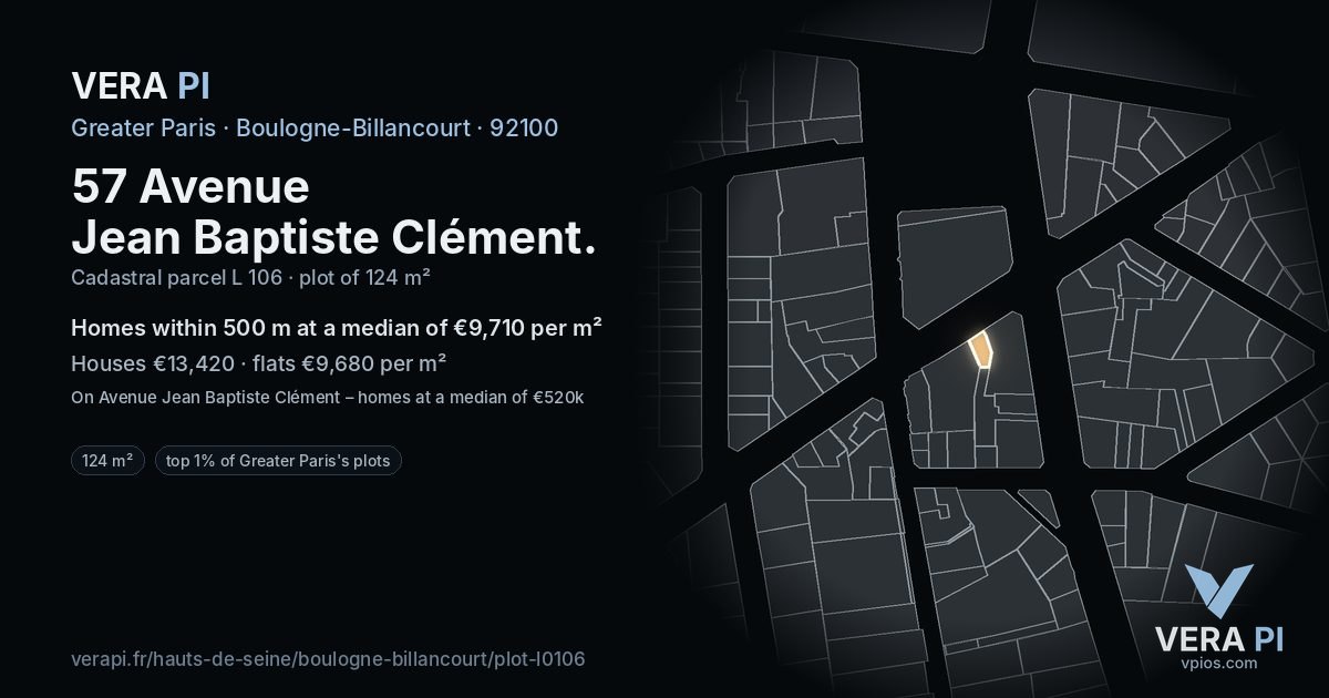57 Avenue Jean Baptiste Clément, Boulogne-Billancourt at night – the plot lit, the parcels around coloured by the prices near them