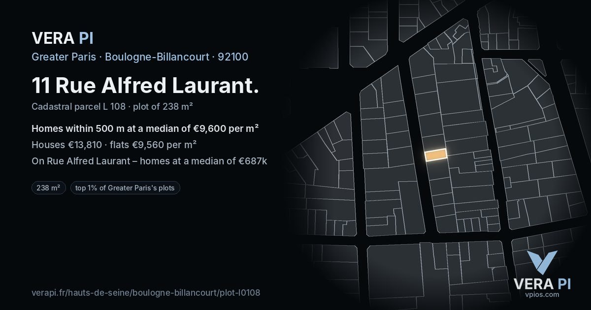 11 Rue Alfred Laurant, Boulogne-Billancourt at night – the plot lit, the parcels around coloured by the prices near them