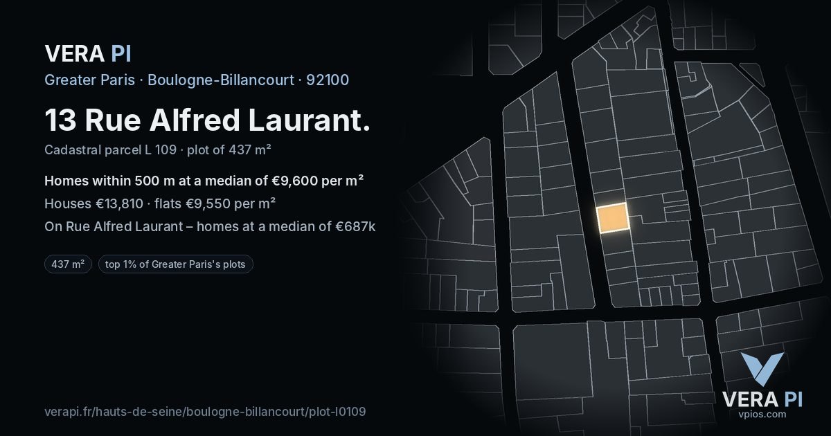 13 Rue Alfred Laurant, Boulogne-Billancourt at night – the plot lit, the parcels around coloured by the prices near them
