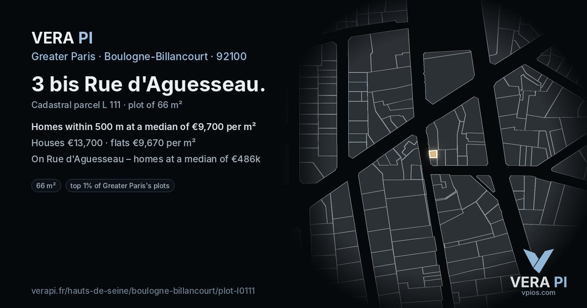 3 bis Rue d'Aguesseau, Boulogne-Billancourt at night – the plot lit, the parcels around coloured by the prices near them