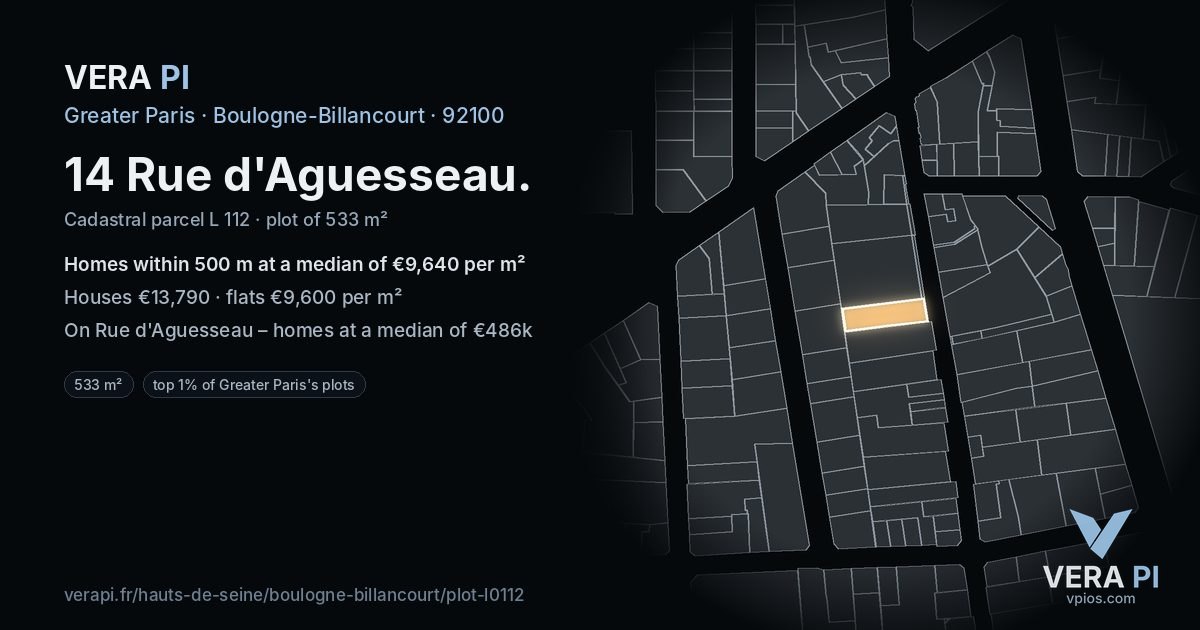 14 Rue d'Aguesseau, Boulogne-Billancourt at night – the plot lit, the parcels around coloured by the prices near them