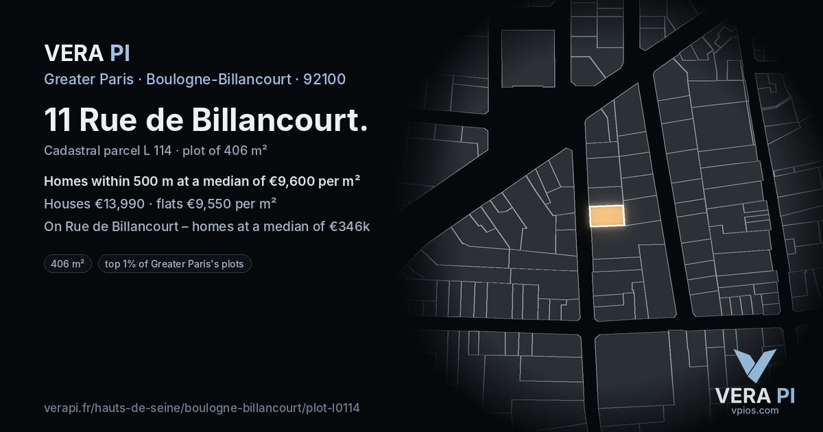 11 Rue de Billancourt, Boulogne-Billancourt at night – the plot lit, the parcels around coloured by the prices near them