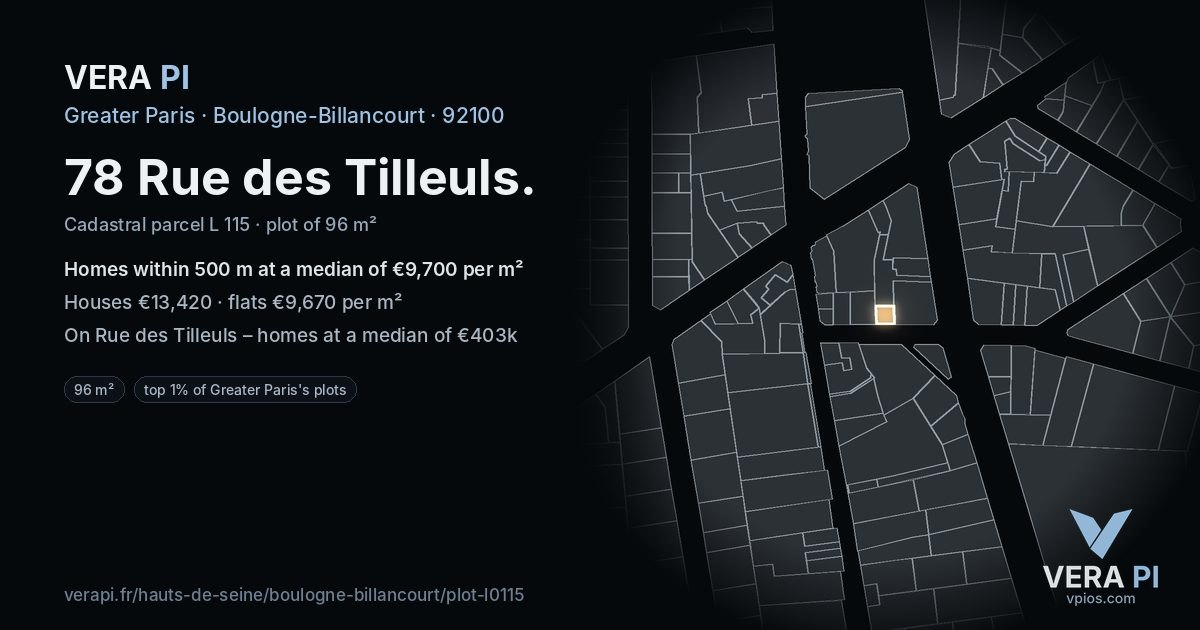 78 Rue des Tilleuls, Boulogne-Billancourt at night – the plot lit, the parcels around coloured by the prices near them