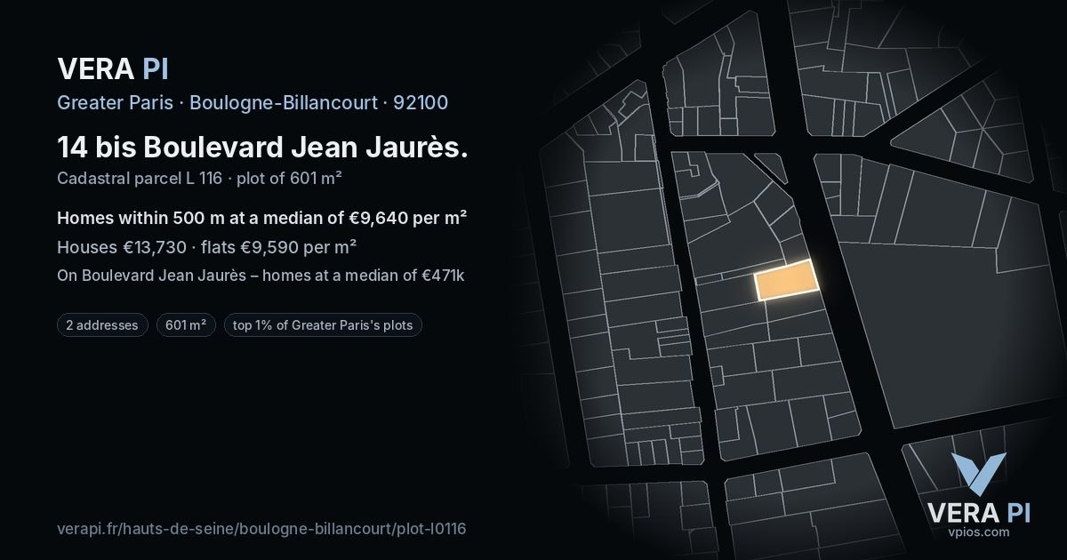 14 bis Boulevard Jean Jaurès, Boulogne-Billancourt at night – the plot lit, the parcels around coloured by the prices near them
