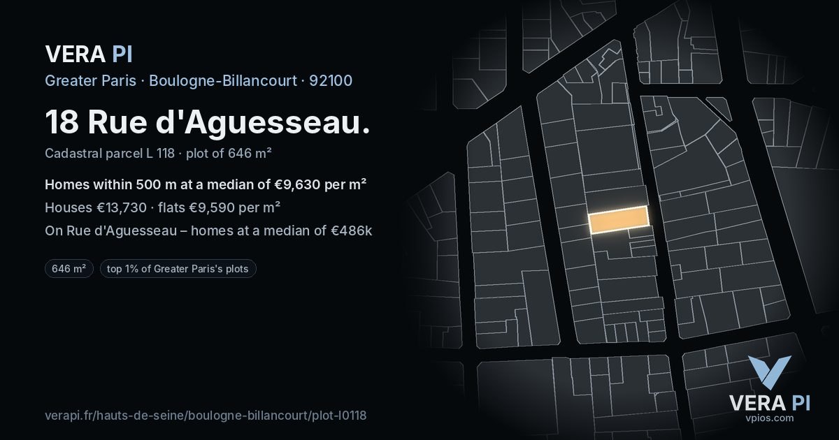 18 Rue d'Aguesseau, Boulogne-Billancourt at night – the plot lit, the parcels around coloured by the prices near them