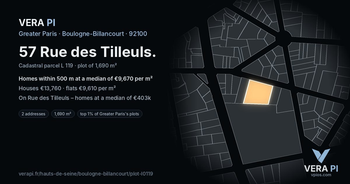 57 Rue des Tilleuls, Boulogne-Billancourt at night – the plot lit, the parcels around coloured by the prices near them