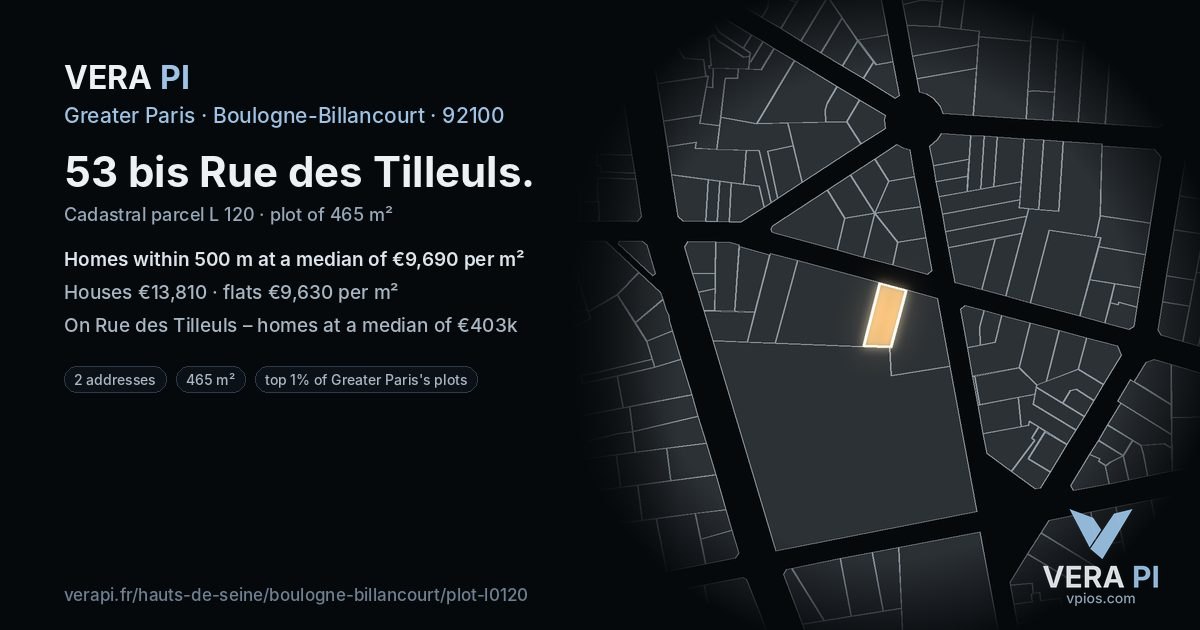 53 bis Rue des Tilleuls, Boulogne-Billancourt at night – the plot lit, the parcels around coloured by the prices near them