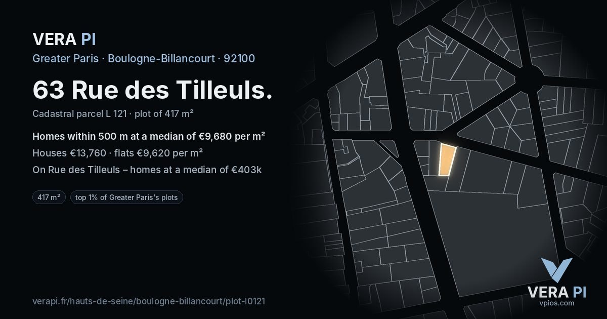63 Rue des Tilleuls, Boulogne-Billancourt at night – the plot lit, the parcels around coloured by the prices near them