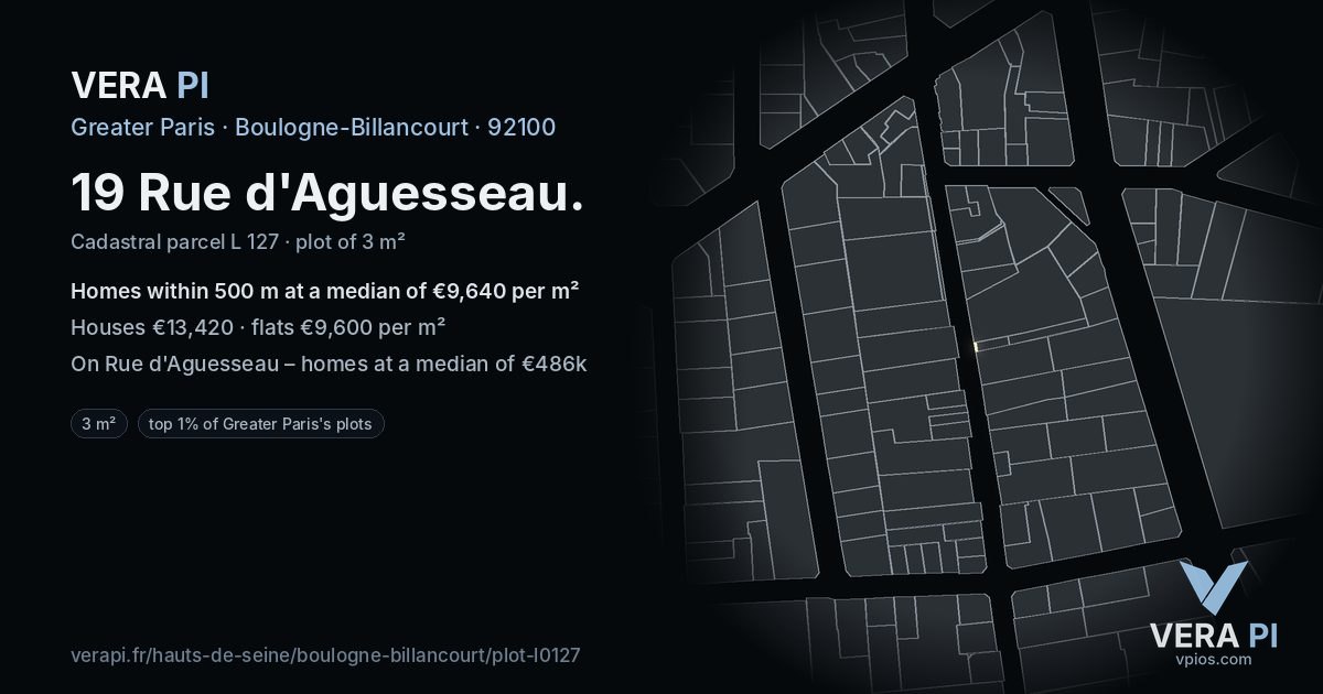 19 Rue d'Aguesseau, Boulogne-Billancourt at night – the plot lit, the parcels around coloured by the prices near them