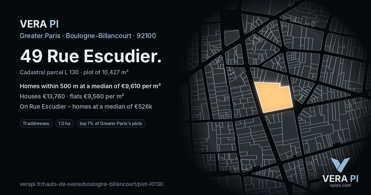 49 Rue Escudier, Boulogne-Billancourt at night – the plot lit, the parcels around coloured by the prices near them