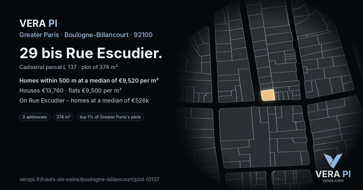 29 bis Rue Escudier, Boulogne-Billancourt at night – the plot lit, the parcels around coloured by the prices near them