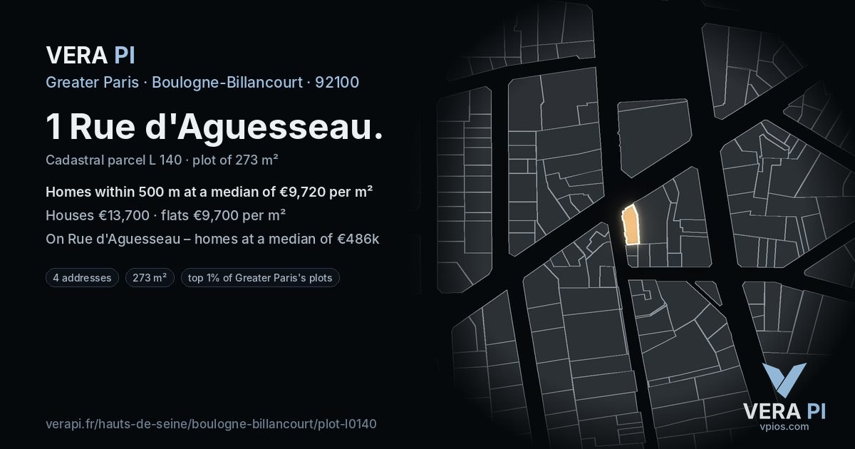 1 Rue d'Aguesseau, Boulogne-Billancourt at night – the plot lit, the parcels around coloured by the prices near them